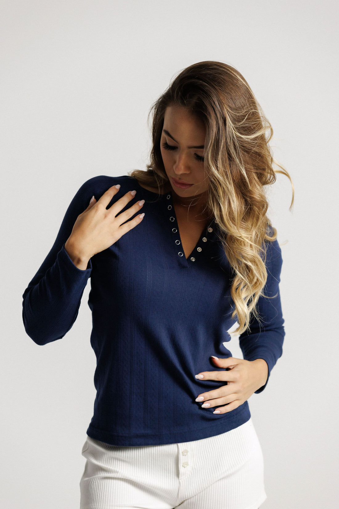 Henley Top - Navy Jacquard